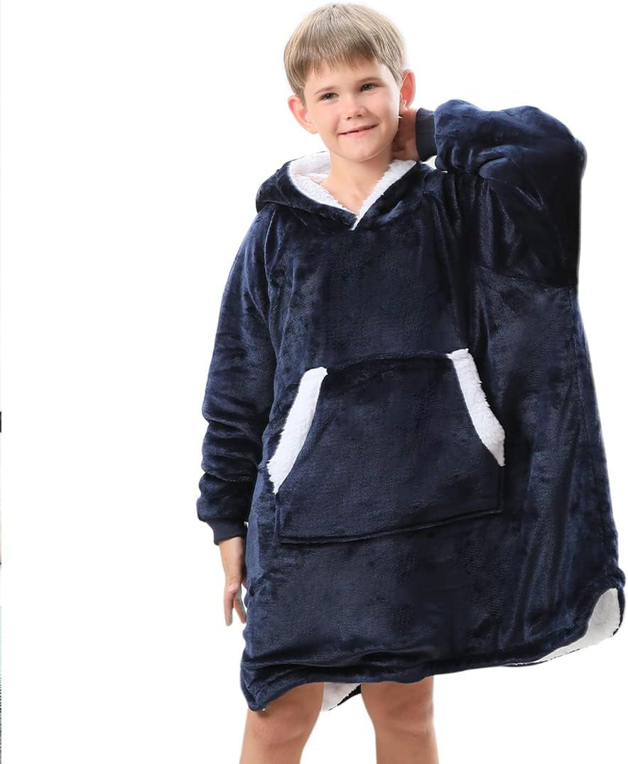Wearable Hoodie Blanket Sweatshirt Gifts - Oversized Hooded, Large Pocket, Elastic Cuff, Reversible - Fluffy and Warm Original Oversized Hoodie for Kids - Navy Blue
