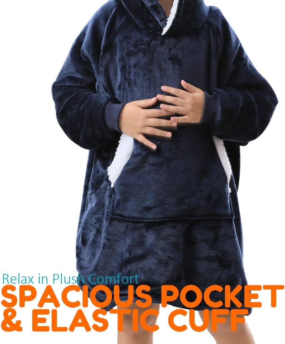 Wearable Hoodie Blanket Sweatshirt Gifts - Oversized Hooded, Large Pocket, Elastic Cuff, Reversible - Fluffy and Warm Original Oversized Hoodie for Kids - Navy Blue
